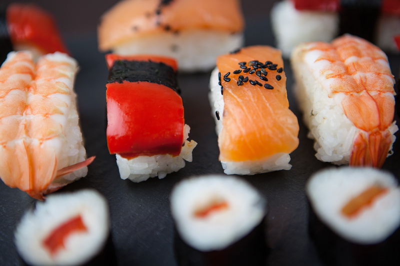 indulgence, indoors, black Color, gourmet, chopsticks, rolled Up, healthy Eating, freshness, in a row, sushi, food, still life, asian Cuisine, wasabi Sauce