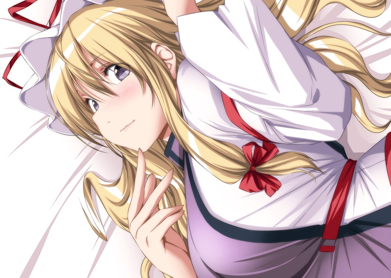 blush, eyes, tamago, 252205, close, nori, gray, com, 1080P, blonde, bed, yukari, hat, konachan, hair, yakumo, long, touhou