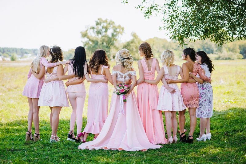 outdoors, bride, bridesmaid, bridal party, childhood, wedding ceremony, celebration, group, bridesmaids, child, positive emotion, plant, day, dresses, newlywed