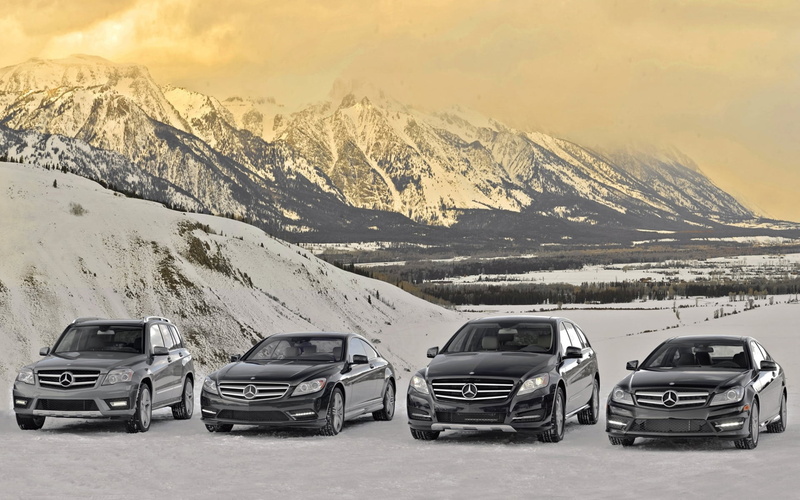 lineup, four, mountain range, snow, nature, no people, cold temperature, mountains, GLK-class, land vehicle, benz, Mercedes, C-class, car, motor vehicle