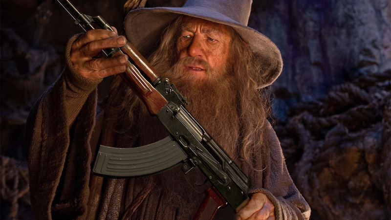 music, gandalf ak 47 the lord of the rings photo manipulation humor, 1080P, wild west, arts culture and entertainment, contemplation, facial hair, one person