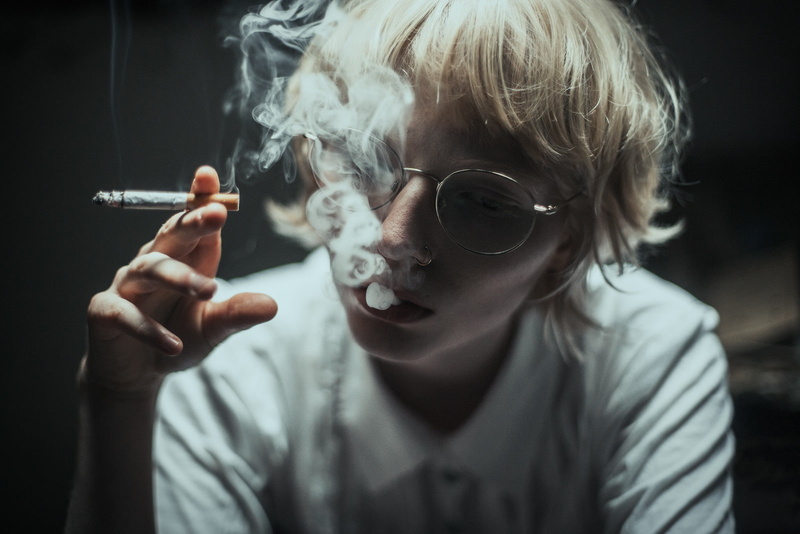 women with glasses, blonde, glasses, 720P, cigarettes, smoking, short hair, women, nose rings