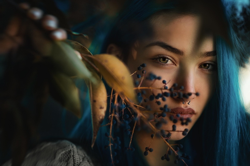 nose rings, blue hair, face, portrait, 1080P, depth of field, dyed hair, women
