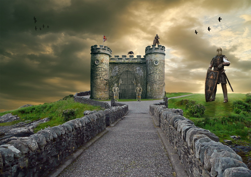 knight, birds, no people, building exterior, medieval, ancient, crow, ruined, ancient civilization, built structure, building, 2K, fantasy, dark sky, religion