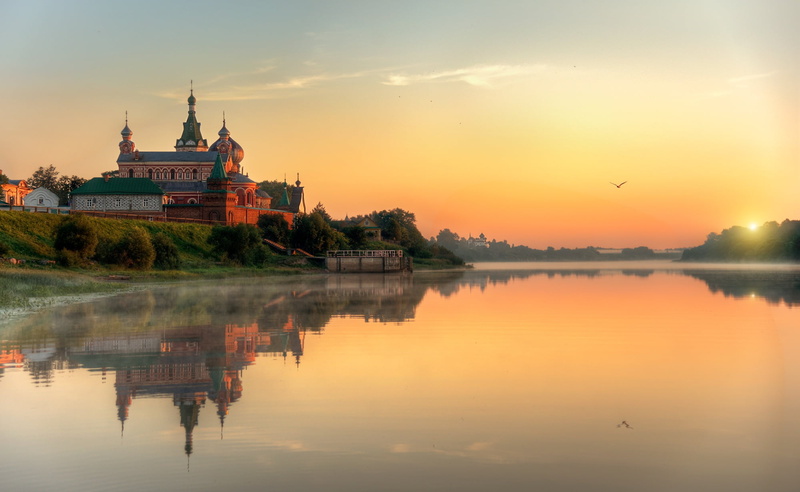 sun, religion, sunset, built structure, shore, River, Staraya Ladoga, green, scenics - nature, beauty in nature, outdoors, fortress, Staraya Ladoga Nicholas monastery