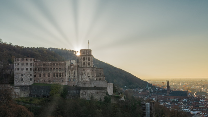 heidelberg, residential district, landscape, sunset, city, castle, sky, townscape, tourism, fortress, sun, sunbeam, cityscape, built structure, the past