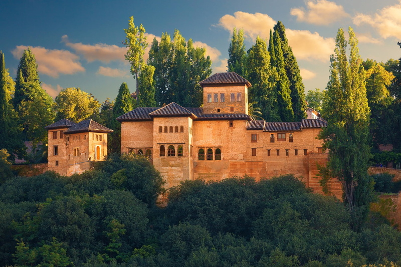 Spain, castle, greens, the sun, the sky, 1080P, Alhambra, Granada, fortress, trees, clouds
