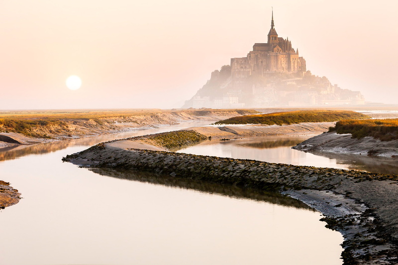 morning, France, 1080P, the sun, Mont-Saint-Michel, the island fortress of, the city