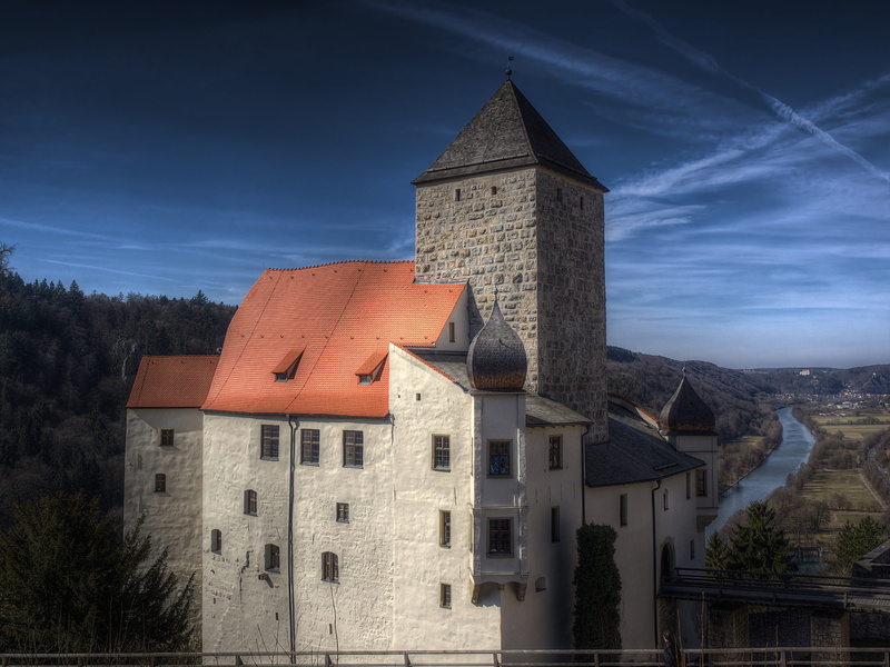 wall, battlements, blue sky, clouds, Castle, building Exterior, low angle view, religion, europe, belief, middle ages, spire, landmark, clock tower, no people