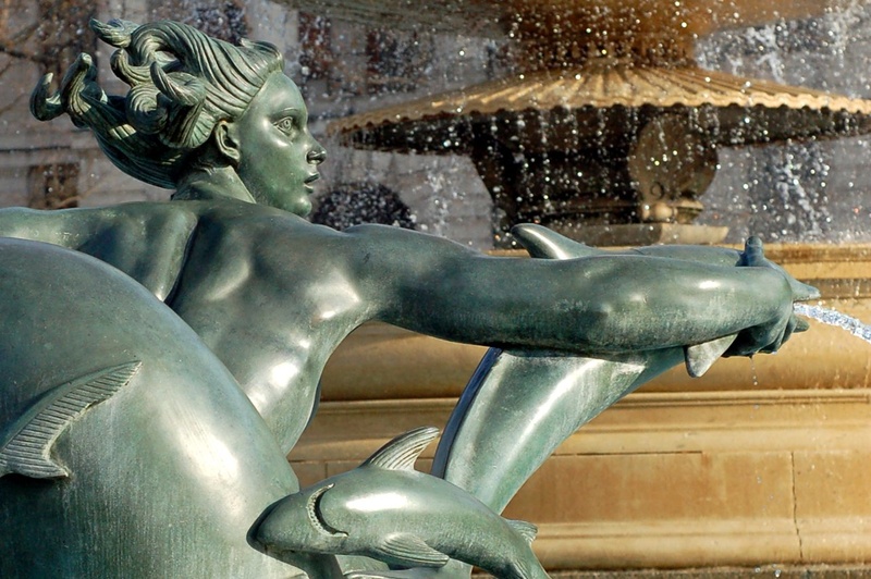 fountain, representation, human representation, close-up, indoors, gold colored, travel destinations, art, water, silver colored, no people, 720P, dolphin
