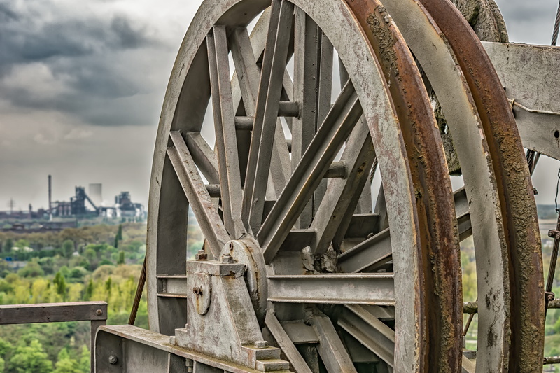 landmark, no people, turn, built structure, industrial park, industry, focus on foreground, heavy industry, factory, water wheel, duisburg, thyssenkrupp
