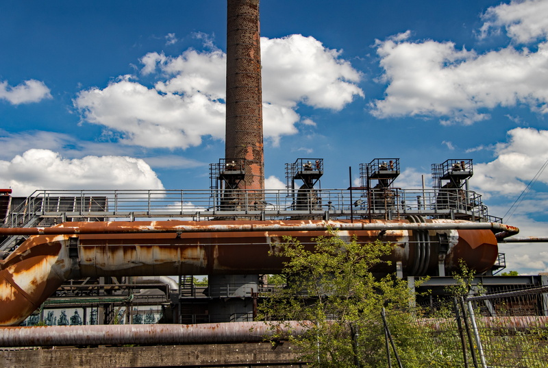 smoke stack, outdoors, old building, ruhr area, rusty, old, architecture, factory building, pipe - tube, built structure, steel, cloud - sky, no people