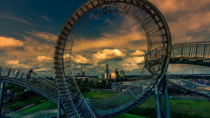 bridge, Tiger and Turtle, Cityscape, 2K, building, Surreal, Germany, architecture, Power plant, Trees, clouds, city, hdr, grass, Duisburg