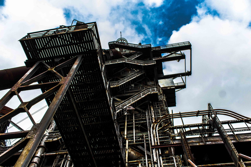 architecture, staircase, travel destinations, built structure, no people, old, outdoors, view, lost, metal factory, landschaftpark, sky shot, lost factory