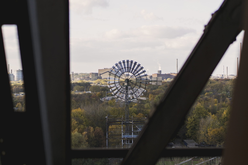 water, building, metal, ferris wheel, architecture, windmill, window, building exterior, cloud - sky, nature, day, built structure, duisburg, germany, amusement park ride