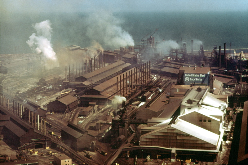 smoke stack, mills, high angle view, smoke - Physical Structure, pollution, steam, sky, factory, 1973, public domain, cityscape, 2K, no people, outdoors