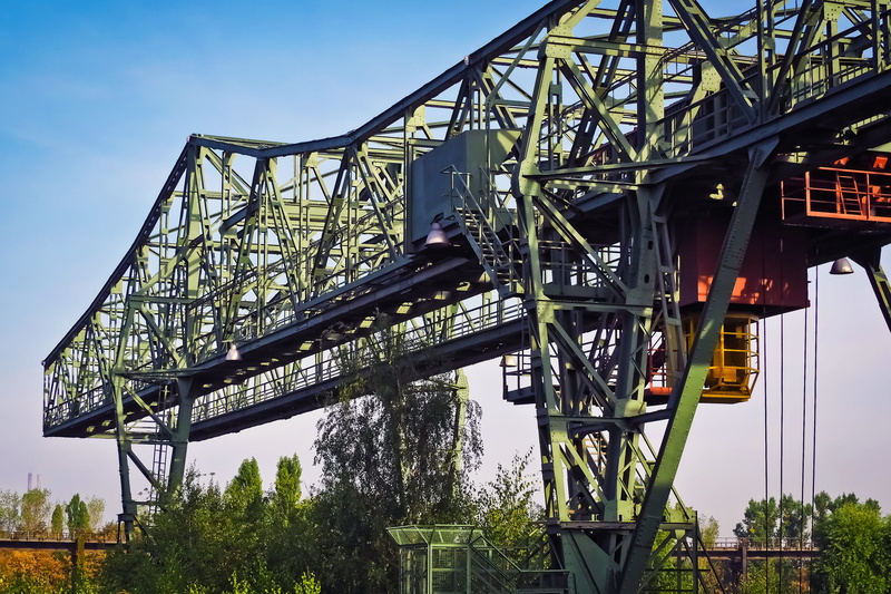 bridge - man made structure, building, steel, industrial architecture, landmark, duisburg, facade, leave, green color, sky, plant, ruin, no people, heavy duty crane