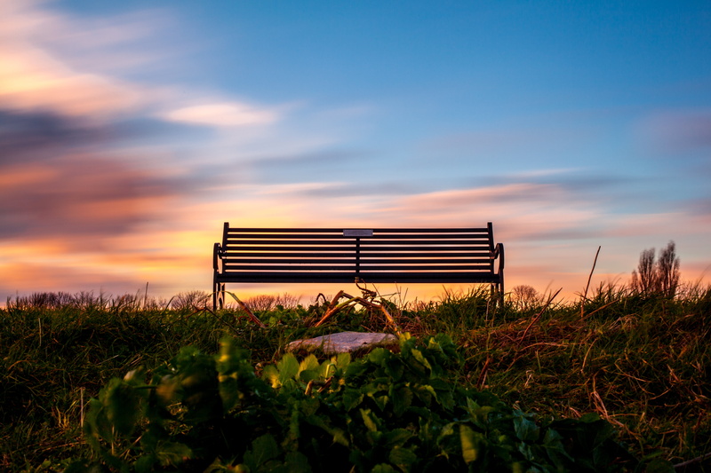 long exposure, 5K, Colours, bench, nature, surrounded, clouds, no People, outdoors, setting sun, sunset, shot, metal, hill, essex, black metal, grass