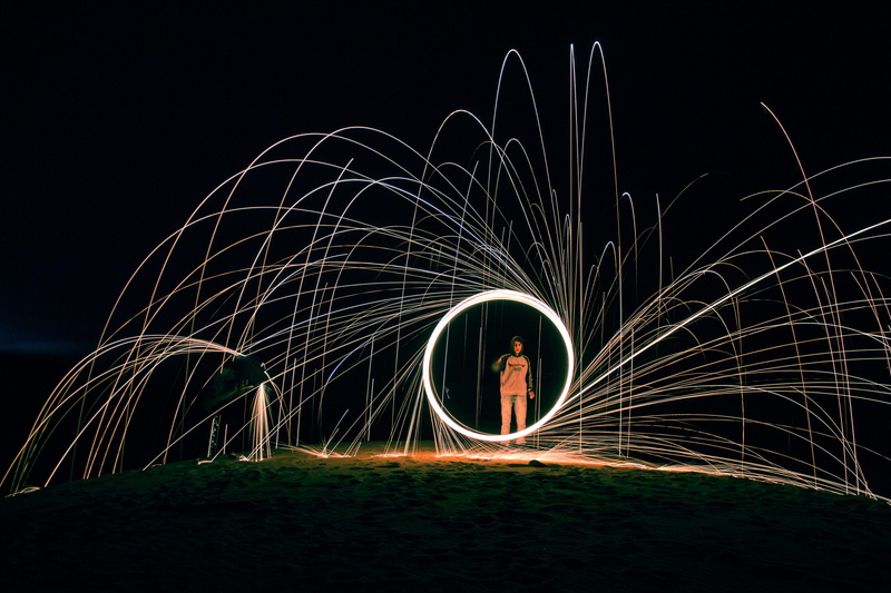 sky, wire wool, nature, light painting, photo, men, creativity, spinning, dancing, sparks, illuminated, glowing, motion, fire, photography, light trail