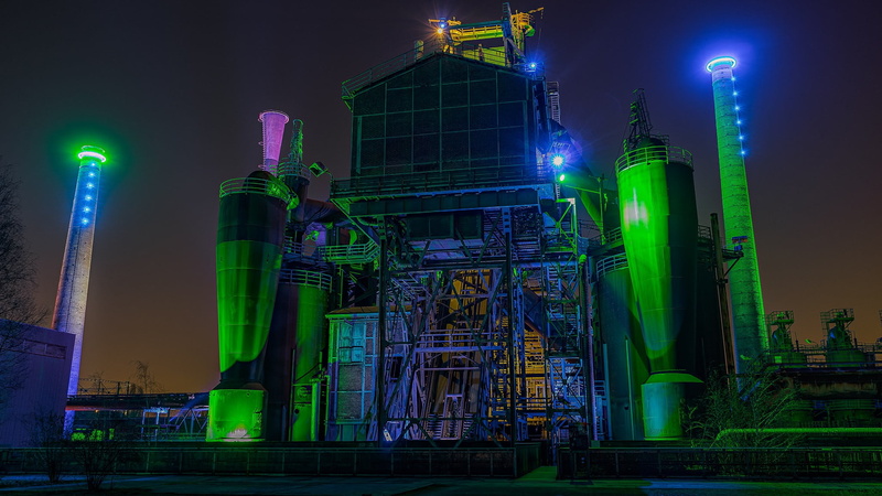 red, at night, duisburg, chimney, built structure, fossil fuel, nightlife, illuminated, green color, lighting, ruhr, leave, heavy industry, building, travel