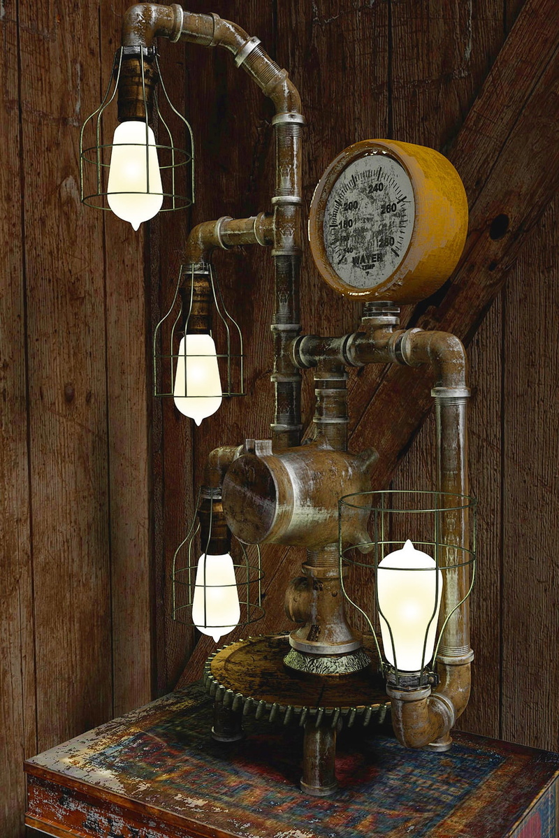 lamp, illuminated, retro styled, pipes, container, steampunk lamp, old, 1080P, gear, no people, electric lamp, indoors, industrial, iron, antique, vintage