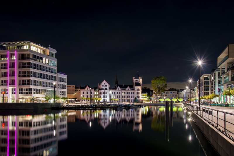 cityscape, street, river, building exterior, sky, City, Dortmund, outdoors, waterfront, travel destinations, homes, built structure, night, transportation