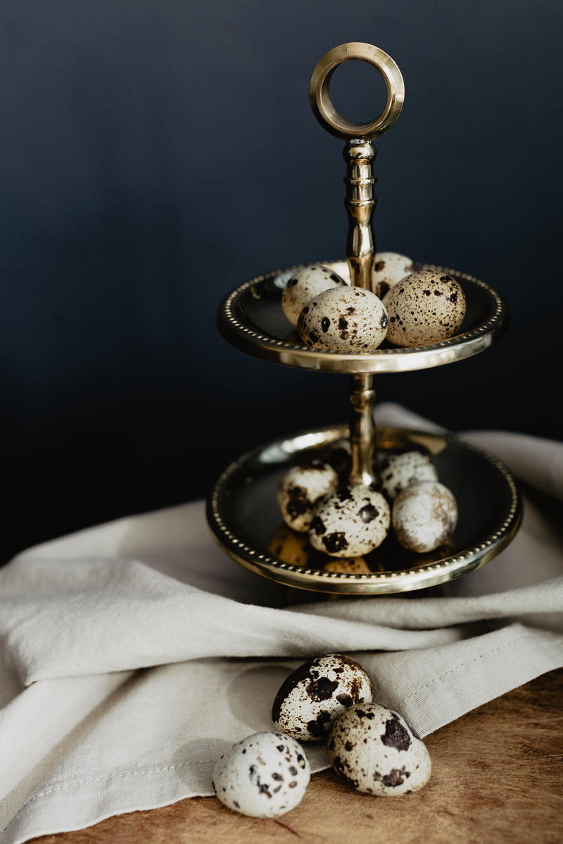 temptation, textile, sweet food, plate, easter, metal, high angle view, indoors, close-up, still life, studio shot, eggs, 4K, table, black background
