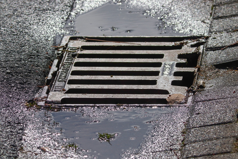 texture, day, paving stones, channel, pattern, city, rainy season, water, lid, sewage, reflect, rain gutter, outdoors, manhole covers, street, nature, manhole