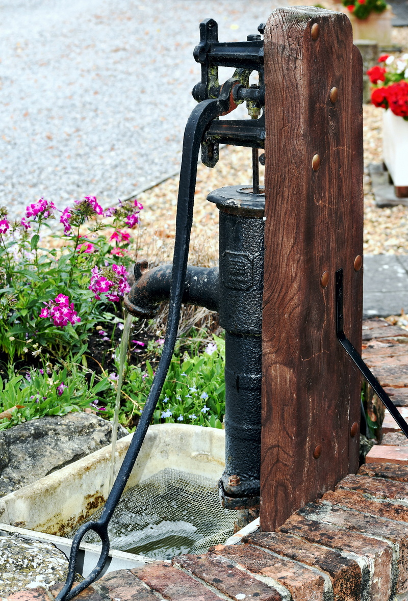 equipment, antique, outdoors, nature, old, day, rusty, focus on foreground, machinery, cast iron, flower, water pump, plant, park, pipe - tube, running water