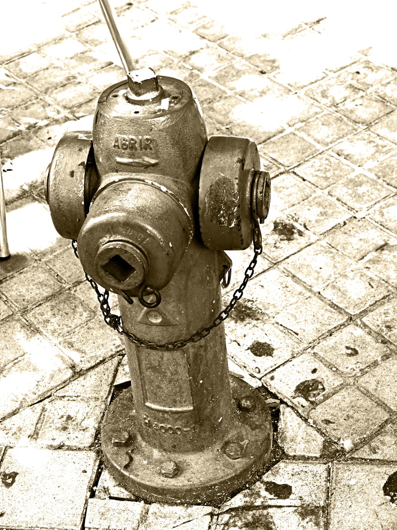 high angle view, bank and black, fire hydrant, protection, water, day, steel, sidewalk, security, no people, street, nature, footpath, outdoors, old, faucet