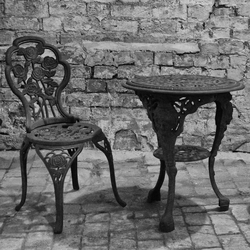 architecture, antique, the past, stone wall, rusty, brick wall, garden chair, seat, garden table, wall - building feature, ornaments, brick, absence, cast iron pans