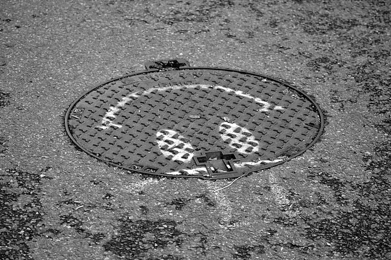 Plate, footpath, Metal, outdoors, manhole, plate sewer, road, lid, pattern, close-up, Humor, sewage, high angle view, graffiti, geometric shape, black and white