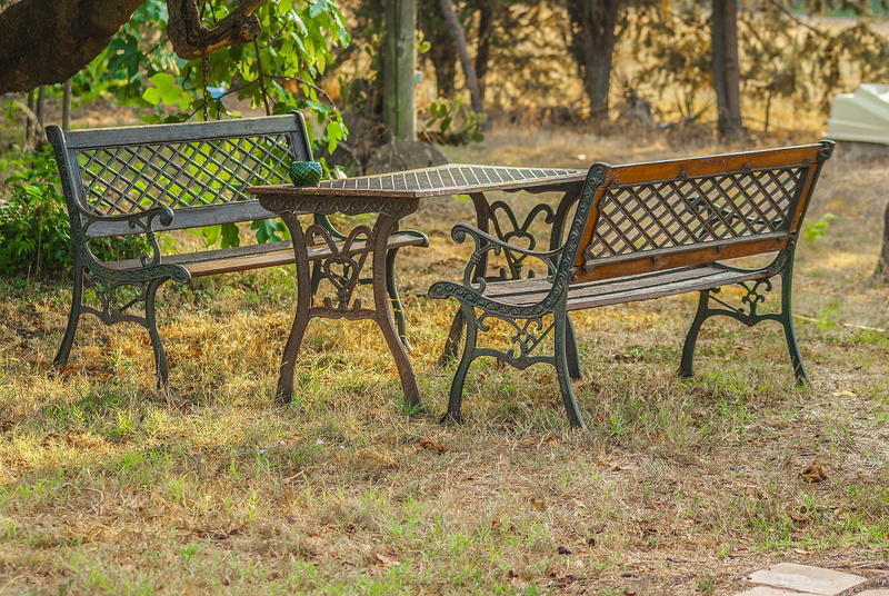 Table, seat, outdoors, land, Benches, Garden Furniture, tranquility, chair, sunlight, garden, furniture, empty, bench, nature, park bench, tree, table and benches