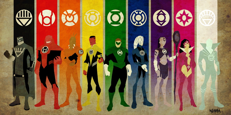 orange, love, greed, blue, white, woman, 2K, lantern, alien, man, hope, will, life, black, purple, anger, compassion, green, stick, yellow, pink, fear
