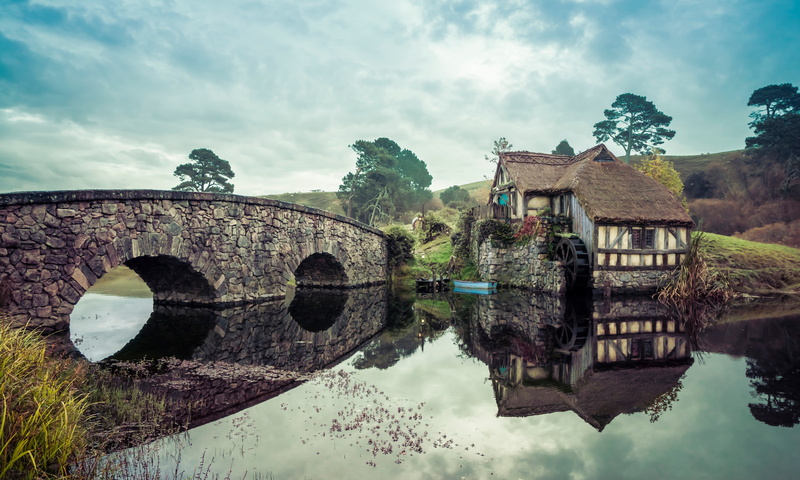 Tolkien, mill, The hobbit, 5K, The Lord Of The Rings, bridge, Hobitton, skazak, landscape, fantasy world