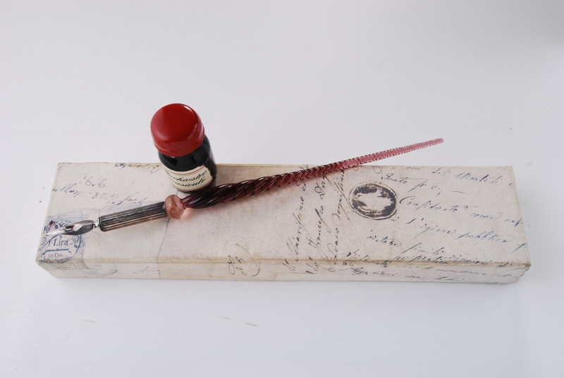 Antique, Inkpot, antique pen, classic, calligraphy, ink well, retro, indoors, fountain pen, no people, writing, brown, inkpot and pen, glass pen, high angle view