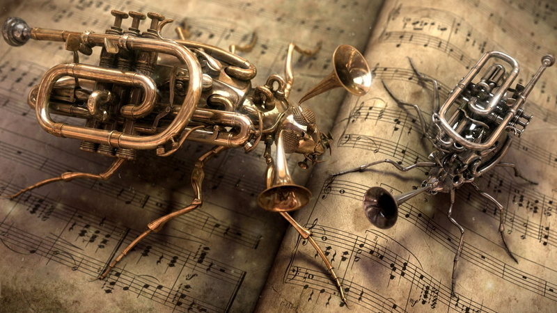 books, 1080P, music, musical notes, digital art, pages, insect, brass, musical instrument