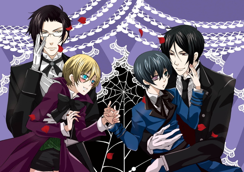 suit, cartoon, people, butler, females, kuroshitsuji, computer Graphic, adult, black, 720P, hugging, business, cobwebs, guys, illustration