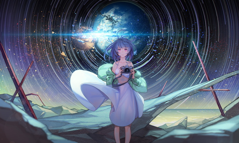 camera, 1080P, pink eyes, dress, sky, stars, blue hair, anime girls, original characters