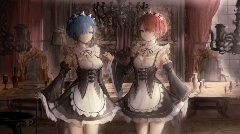 Headdress, Short Hair, Re:ZERO -Starting Life in Another World-, Twins, Blue Eyes, Girl, Maid, Pink Eyes, Rem (Re:ZERO), Blue Hair, Pink Hair, Dress, Ram (Re:ZERO)