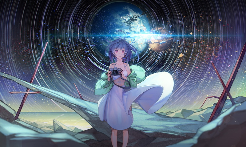 stars, Original Characters, camera, sky, 1080P, dress, Blue Hair, Pink Eyes, Anime Girls
