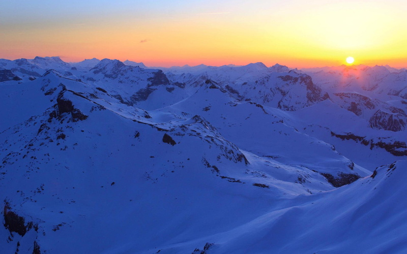 mountains, over, snowy, 3d and abstract, 1080P, sunset