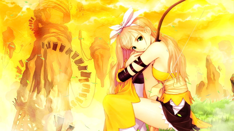 green eyes, looking at viewer, anime, Tony Taka, sky, smiling, long hair, 1080P, anime girls, blonde, clouds, Shining Tears