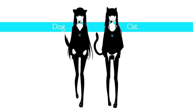 2K, animal ears, collar, tail, simple background, inumimi, long hair, cat girl, jacket, anime girls, twintails, nekomimi, skirt, original characters, pantyhose