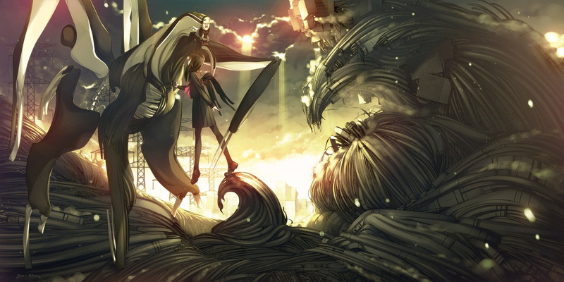 pantyhose, long, 1080P, hair, original, black, clouds, iku, seifuku, wings