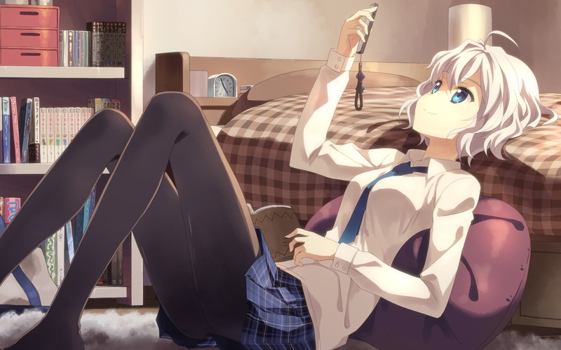 eyes, phone, skirt, tie, original, pantyhose, 2K, short, hair, bed, yuuki, blue, tatsuya, seifuku, white
