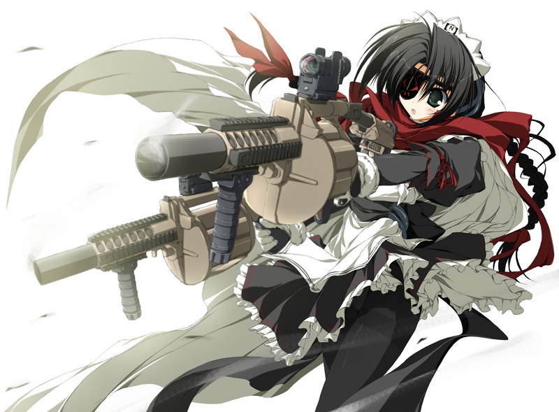 maid, black, n12, weapon, white, moekan, scarf, company, long, suzuri, ribbons, moekko, 5K, gun, eyes, hair, eyepatch, green, pantyhose, apron