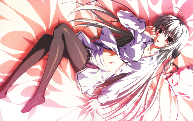 supipara, blush, minori, pantyhose, bed, long, seifuku, nanao, 2K, naru, gray, kamishiro, eyes, red, alice, hair
