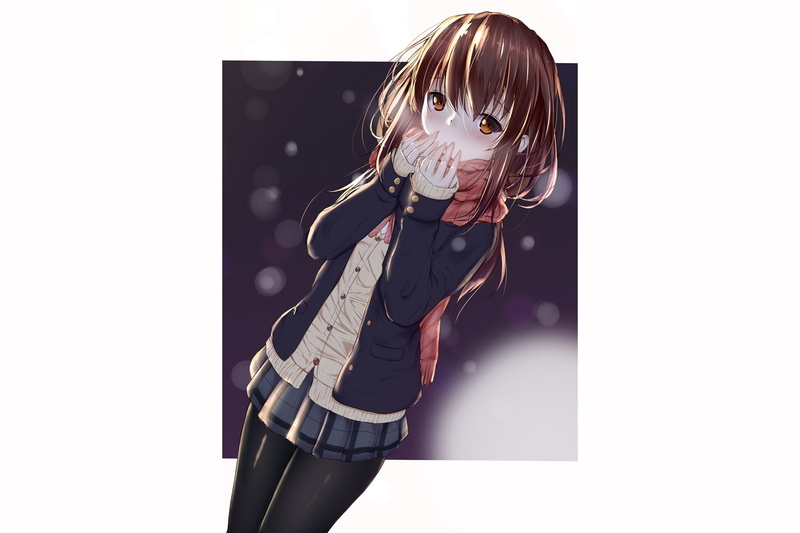 Original, 1080P, Anime, School Uniform, Girl, Brown Hair, Brown Eyes, Scarf, Pantyhose