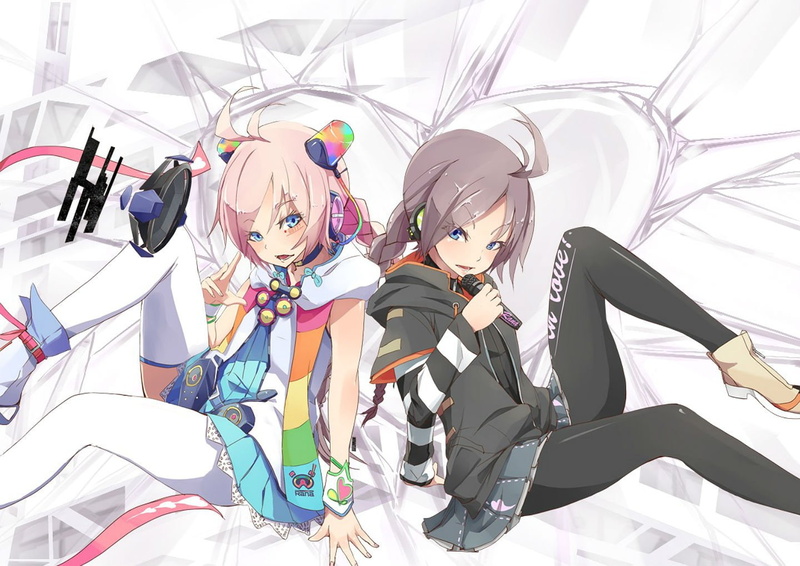 hair, brown, pantyhose, braids, girls, vocaloid, thighhighs, rana, fu ta, choker, eyes, headphones, blue, boots, wristwear, skirt, long, 720P, pink, microphone